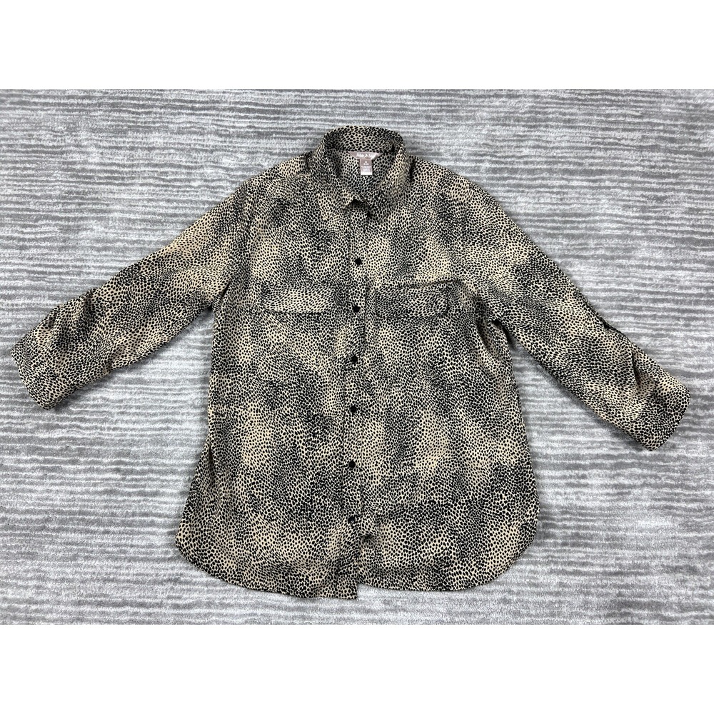 White Stag Button Down Shirt Womens M 8-10 Tan Black Animal Print Long Sleeve
